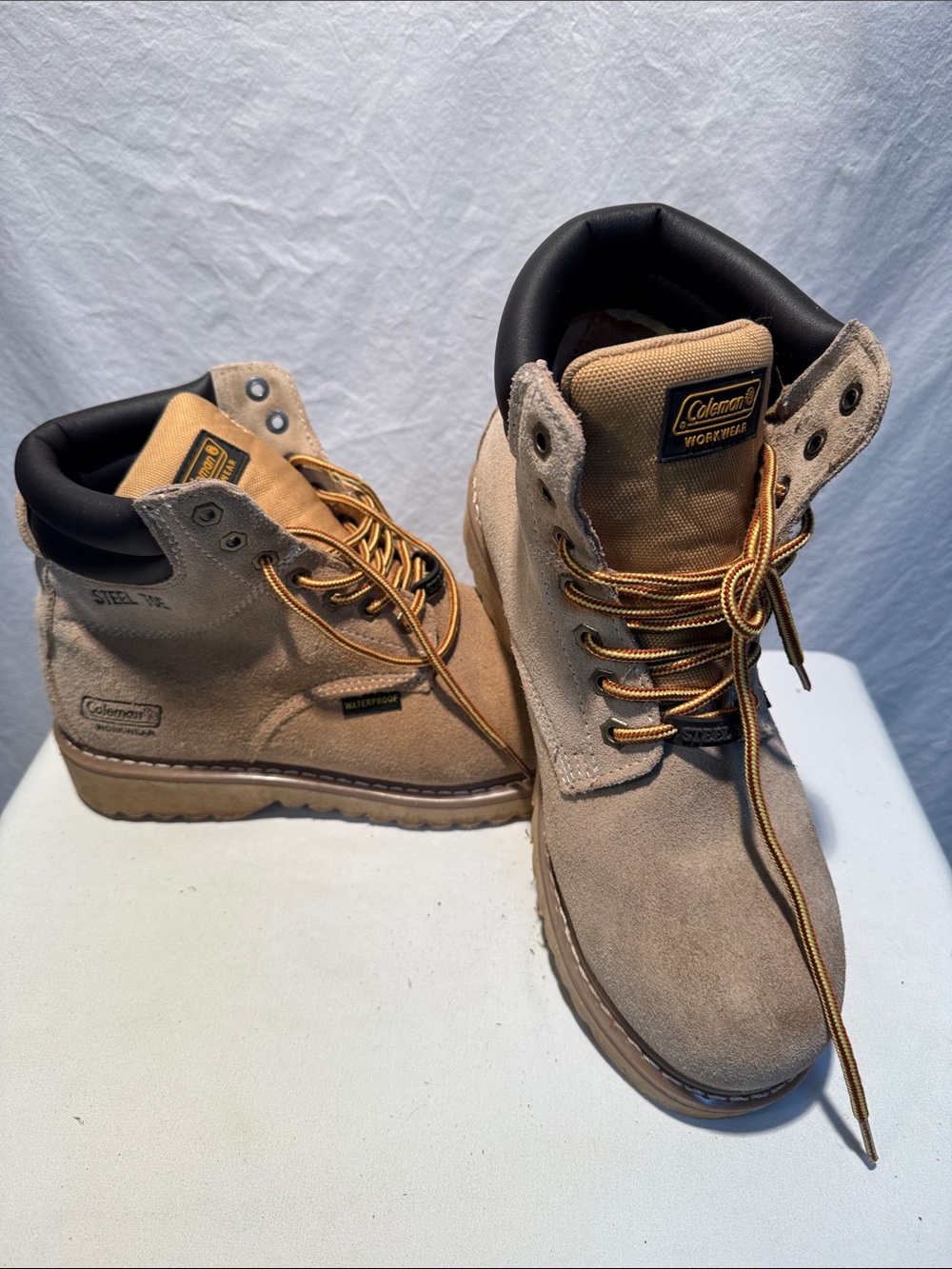 Coleman Tan Suede Work Boots with Gold Eyelets
